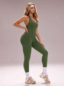 Sovereign Charm Seamless High Elasticity Yoga Fitness Sports Backless Butt-Lifting Jumpsuit - Army Green - View 4