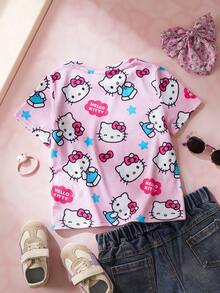 HELLO KITTY AND FRIENDS | SHEIN 女童夏季休闲猫咪印花圆领短袖T恤 - 彩色 - 查看 2