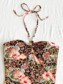 Roelina Women's Casual Floral Print Halter Neck Dress, Vacation Style - Multicolor - View 3