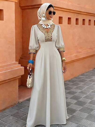 Elenzga Fashionable New Women's Apricot V-Neck Puff Sleeve Embroidered Pearl Decor Fitted Midi Dress, Suitable For Daily Wear, Weddings, Galas, Commuting, Graduation Parties, Holidays, Dates, Parties, Halloween, Christmas, New Year, Thanksgiving, Weddings