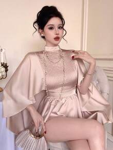 DAZY Áo kiểu tay lửng màu trơn thanh lịch dành cho nữ dự tiệc - Màu be - Xem 7