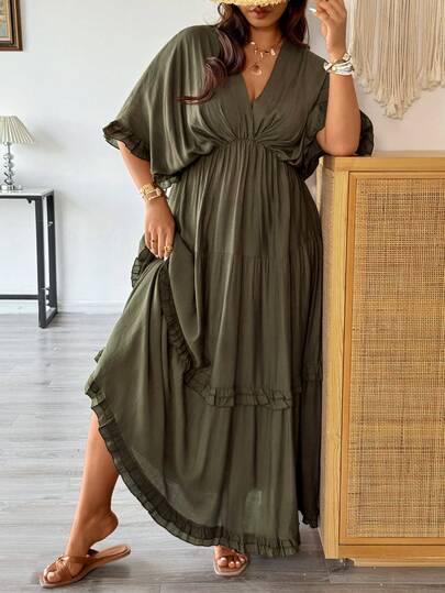 Vionelle Vestido regular con volantes y unicolor romántico, talla grande, primavera/verano