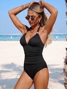 SHEIN Swim Women's Black Summer Elegant Beach Tankini Set,Halter Neck Ribbed Textured Swimwear With Metal Decor,Bodycon Removable Cup Holiday Bathing Suit,26SS - Black - View 3