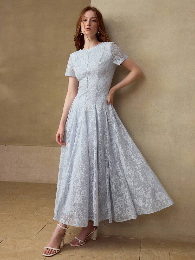 WOMEN'S BLUE MESH FITTED WAIST ELEGANT DRESS