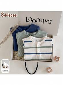 Loomiva 3件套新生儿男/女宝宝柔软针织圆领短袖连体衣和短裤套装 - 彩色 - 查看 4