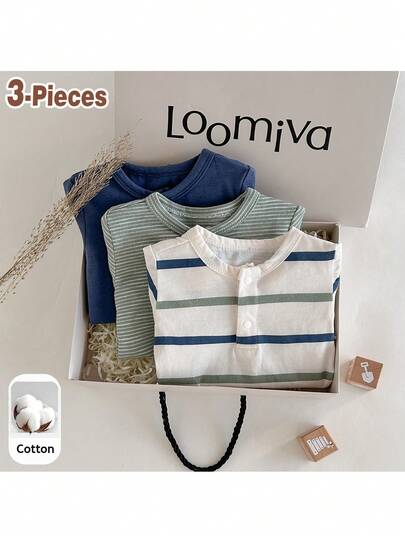 Loomiva 3件套新生儿男/女宝宝柔软针织圆领短袖连体衣和短裤套装