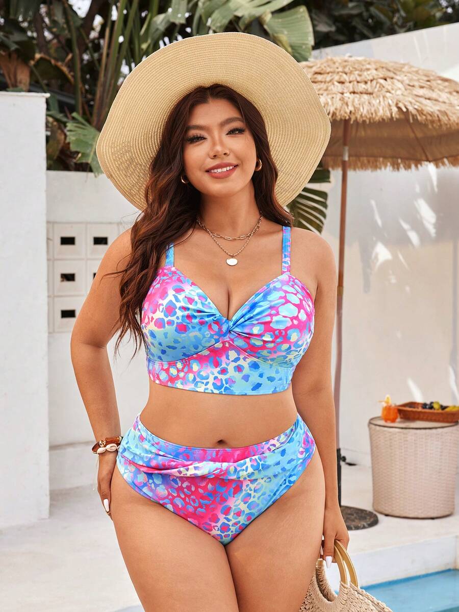 Swim Vcay Plus Size Women Summer Beach All-Over Print Fashionable Bikini Swimwear Set - Multicolor - View 1