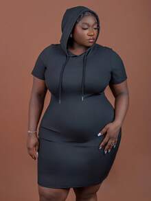 CurvyTilda 休閒抽繩純色加大洋裝 - 黑色 - 查看 6