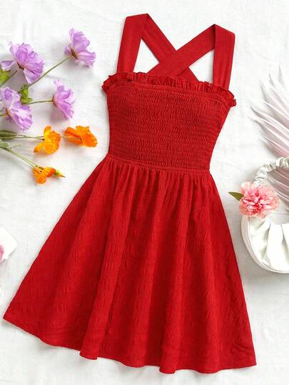 Girlism Vestido de vacaciones de línea A con decoración de lazo en la espalda abierta, tirantes de espagueti y textura de gasa tejida roja para niñas preadolescentes