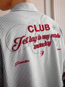 SWAVVY 男士梭织休闲宽松条纹短袖衬衫 - 黑色 - 查看 7