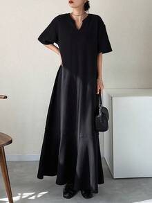 FRIFUL Women's Solid Black V-Neck Short Sleeve Loose Casual Dress - Black - View 8