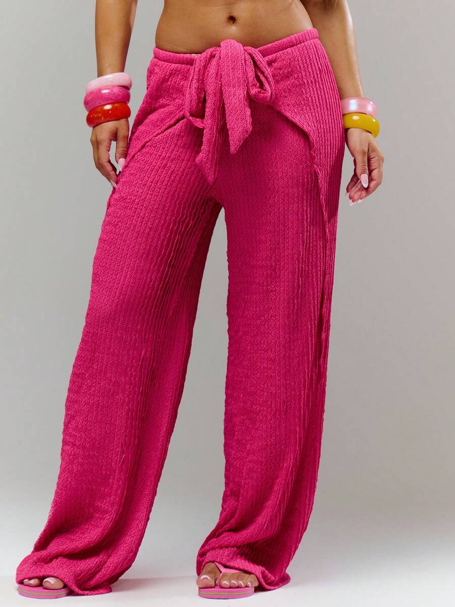 Musera Resort 系带前开襟褶皱细节纹理沙滩裤泳装罩衫度假夏季旅行沙滩装 Casa Calypso - 紅色 - 查看 1