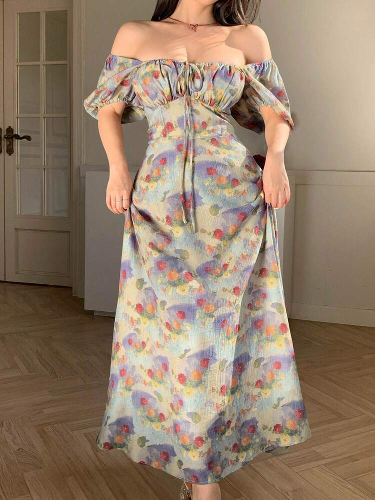 Women's Floral Pattern Sweetheart Neck Petal Sleeve Elegant Dress Sundress Summer Boho