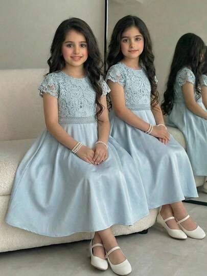 SHEIN Tween Girl Elegant Round Neck Lace Patchwork Solid Color Ruffle Sleeve Dress