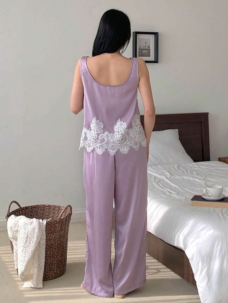 Women's Elegant Contrast Color Lace Patchwork Satin Camisole And Long Pants Pajama Set, Summer