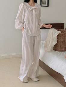 DAZY 2pcs Elegant Tie Bow Collar Striped Women Pajama Set, Autumn - Baby Pink - View 12