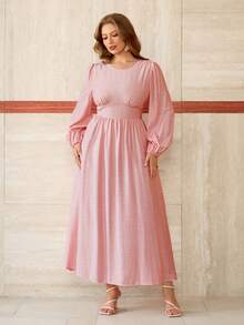 Roveilla Spring/Summer New Women's Round Neck Waist Cinched Lantern Sleeve Long Sleeve Lustrous Textured Flowy Elegant Dress - Pink - View 5