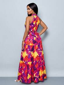 SOLERSUN Women's Fashionable Allover Print Halter Maxi Flowy Dress With Belt For Vacation (Random Floral) - Red Violet - View 2