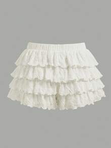 Girlism Tween Girls' Apricot & White Woven Textured Layered Ruffle Hem Casual Vacation Shorts Skirt - Apricot - View 2
