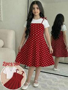 SHEIN Tween Girl Solid Color Round Neck Short Sleeve Top And Polka Dot Camisole Dress Casual Daily Outfit Set - Red and White - View 10