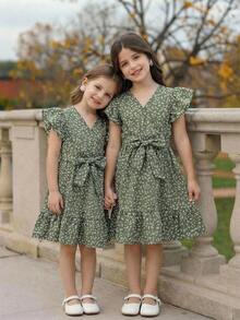 Emery Rose Kids Emery Rose Kids Abito casual con scollo a V e stampa floreale ditsy per ragazze giovani - Verde - Visualizzare 4