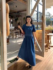 DAZY 复古方领拉链后背收腰花瓣袖牛仔连衣裙，女士夏季款 - 藍色 - 查看 6