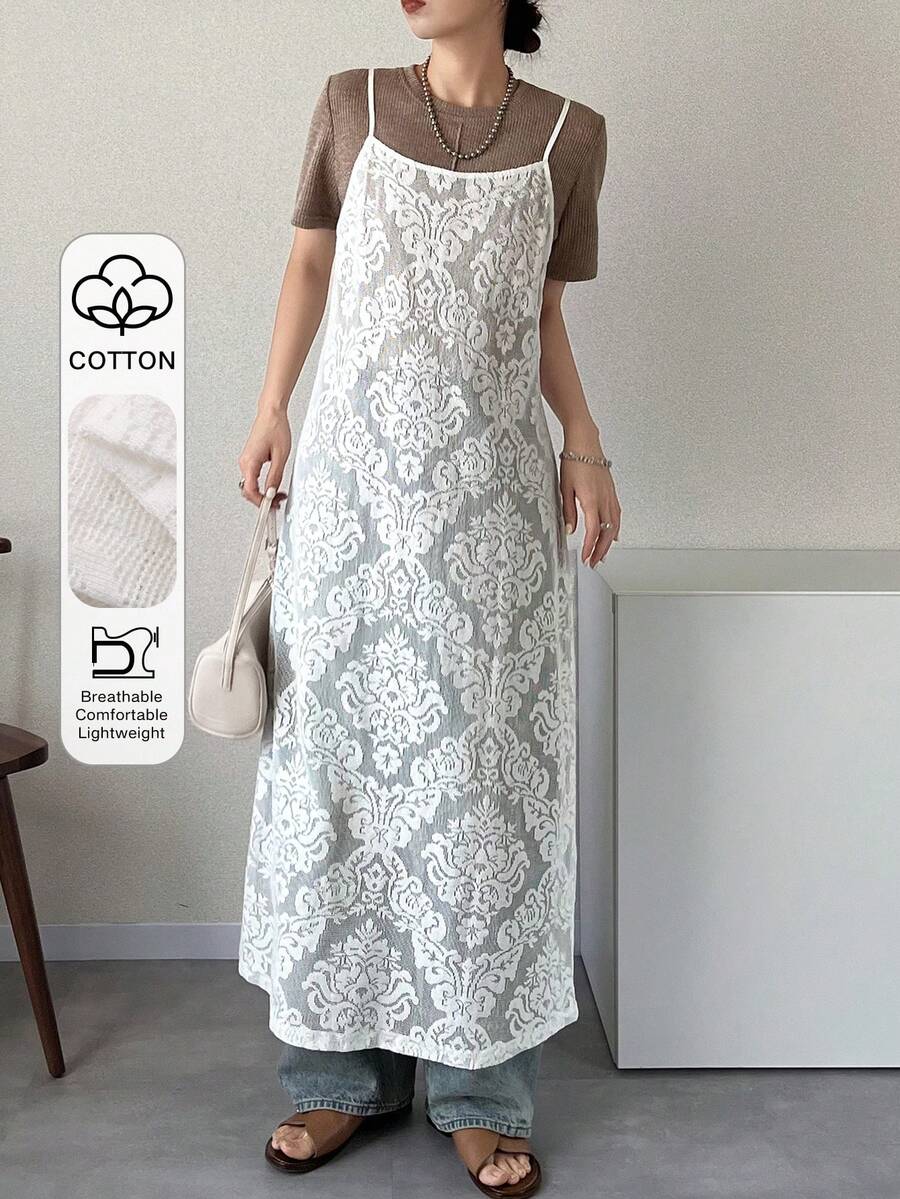 FRIFUL Women's Solid White Sheer Lace Fabric Layered Loose Casual Dress Maxi Dress - White - View 1