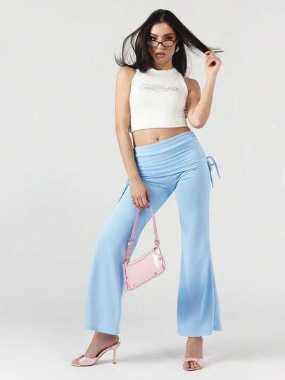 OverBlushhh Pantalones de chándal acampanados de talle alto con cintura plegable en azul bebé estilo Y2K, pantalones de yoga casuales deportivos para uso en casa y entrenamiento, primavera