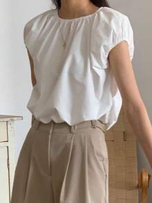 DAZY 女士纯色圆领休闲百搭日常衬衫 - 白色 - 查看 8