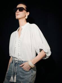 Lumivelle Women's Casual Fringe Ribbon Decor Lantern Sleeve Loose Blouse, Spring/Summer - White - View 1