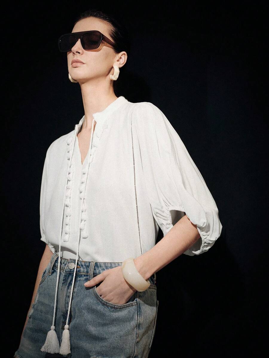 Lumivelle Women's Casual Fringe Ribbon Decor Lantern Sleeve Loose Blouse, Spring/Summer - White - View 1