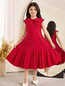 Vestido de fiesta elegante tipo ball gown para niñas preadolescentes, vestido de muñeca sin mangas con ribete de volantes, decoración de moño 3D y cuentas, vestido de estilo sofisticado para primavera/verano - Rojo - Ver 1