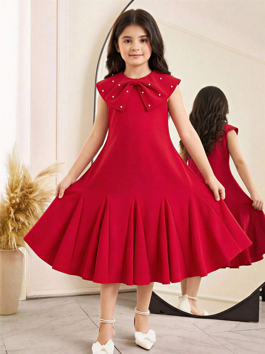 Vestido de fiesta elegante tipo ball gown para niñas preadolescentes, vestido de muñeca sin mangas con ribete de volantes, decoración de moño 3D y cuentas, vestido de estilo sofisticado para primavera/verano - Rojo - Ver 1