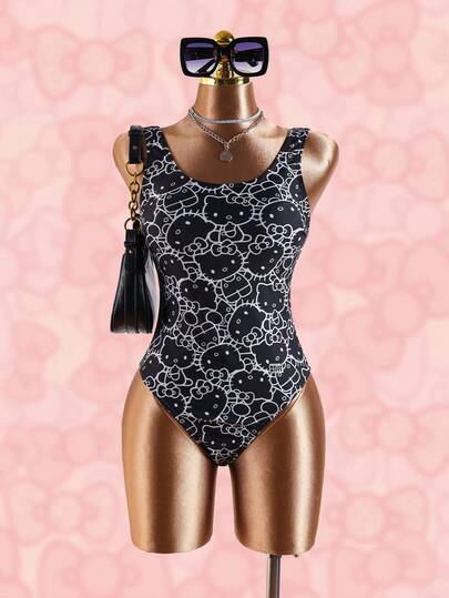 HELLO KITTY AND FRIENDS | SHEIN 女士夏季沙滩度假卡通印花露背连体泳衣