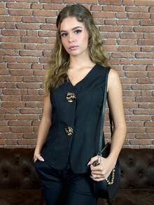 Aless PB Women's V-Neck Fitted Gold Rose Button Decor Outerwear Top - Black - View 4