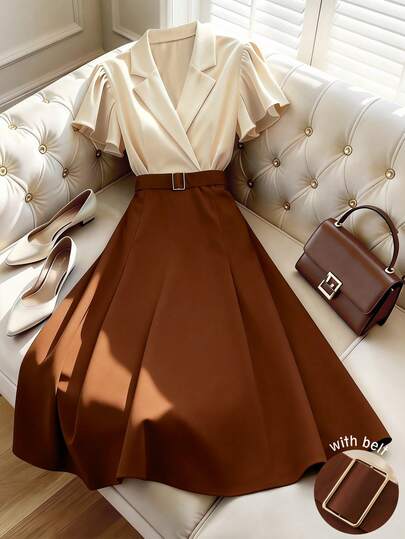 GlowEve Women's Color Block Metal Buckle Decor Ruffle Sleeve 2 In 1 Cinched Waist A-Line Elegant Everyday Vacation Commute Fashion Date French Street Retro Versatile Spring Summer Short Sleeve Apricot & Embroidered Brown Color Block Midi Dress