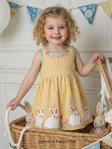 Cozy Pixies Baby Girl Floral & Plaid Pattern Cute Rabbit Cartoon Embroidered Round Neck Sleeveless Waist Dress, Sweet & Lovely Countryside Style Suitable For Outings, Vacation, Casual, Party Bunny Dress For Baby Girl Cotton Baby Dress - Yellow - View 10