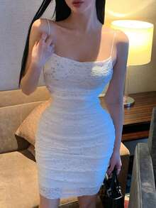 DAZY 女士纯色褶皱修身吊带迷你连衣裙，返校季夏季连衣裙 - 白色 - 查看 3