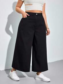 SHEIN CURVE+ Plus Size Casual Versatile Solid Color Wide Leg Jeans Spring To Summer Carnival Costume Commuting Vacation Graduation Chic Y2k Cute Streetwear Party Wedding Elegant Business Casual Woman Plus Size Women's Black Denim Wide Leg Jeans Skin-Friendly Up To 8XL - Black - View 4