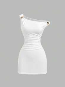 Sweetra 女士夏季白色针织不对称领口金属扣装饰修身连衣裙 - 白色 - 查看 1