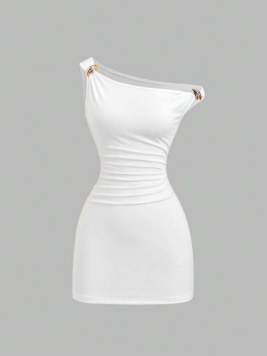 Sweetra 女士夏季白色针织不对称领口金属扣装饰修身连衣裙 - 白色 - 查看 1