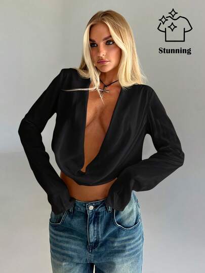 Aloruh 复古 Y2K 破烂破烂短领女式长袖衬衫