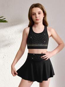 少女黑色背心裙套装 - 两件套高弹力运动服，饰有闪亮水晶，无袖运动服，适合舞蹈和体操训练、体操、啦啦队服，闪亮水晶装饰，内置安全短裤 - 黑色 - 查看 6