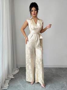 Elenzga Bộ áo liền quần mùa hè dành cho nữ, chất liệu jacquard, cổ chữ V, không tay, thắt eo, mở phía trước, màu sâm panh. - Rượu sâm banh - Xem 6