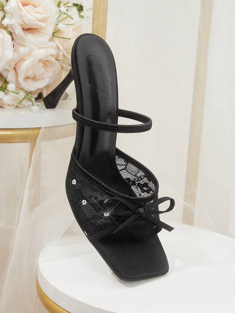 CUCCOO HITCHD Spring And Summer New Product Bow Mesh Lace Square Toe Stiletto Elegant Romantic Sexy Black Lace Women's High Heel Sandals Summer Shoes