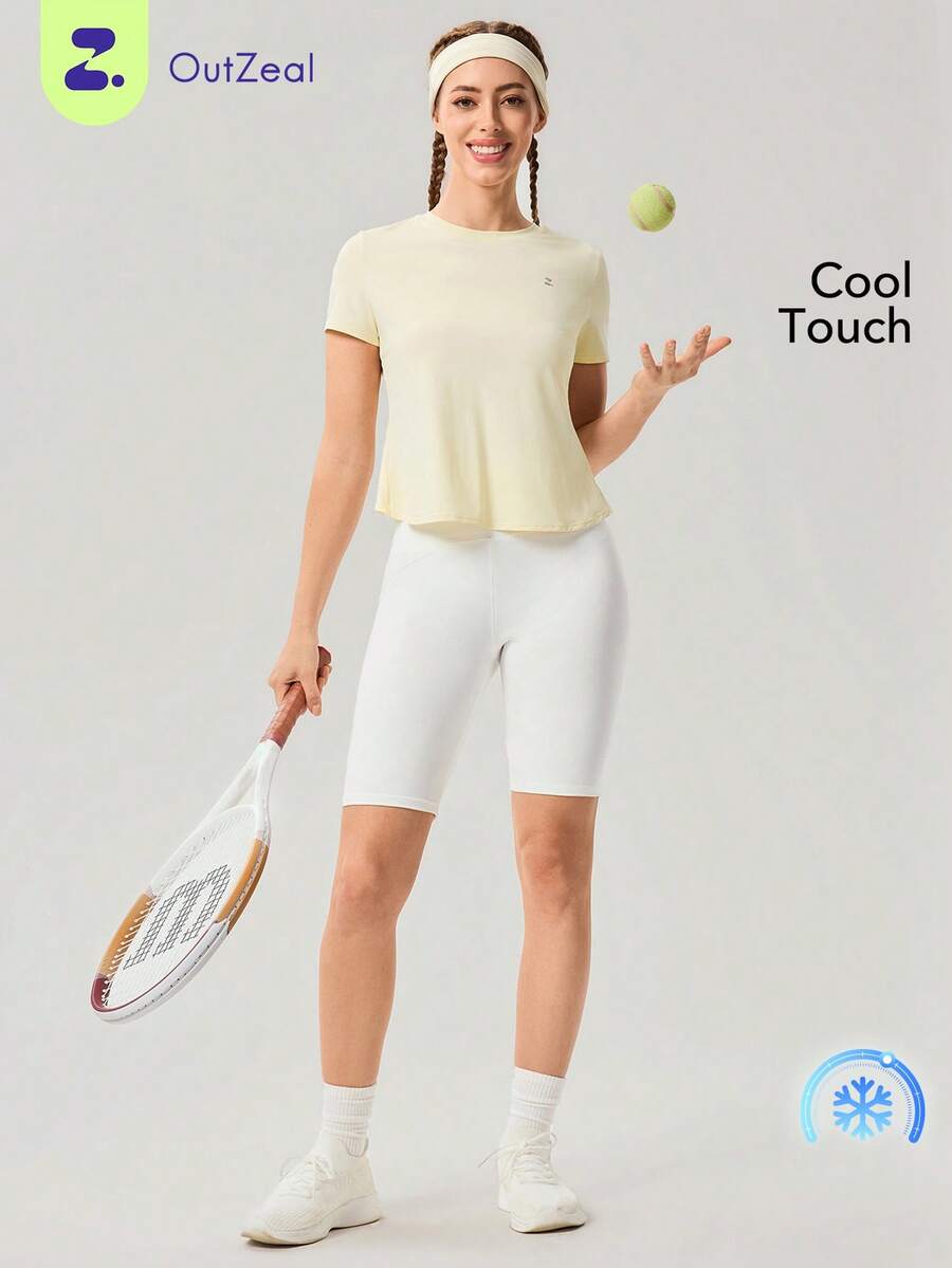 OutZeal Áo tập thể dục nữ, áo thun ngoài trời mùa hè, áo tập gym, áo tập luyện tay ngắn thoáng mát, thiết kế xếp ly phía sau, áo ngoài trời. - Màu vàng - Xem 1