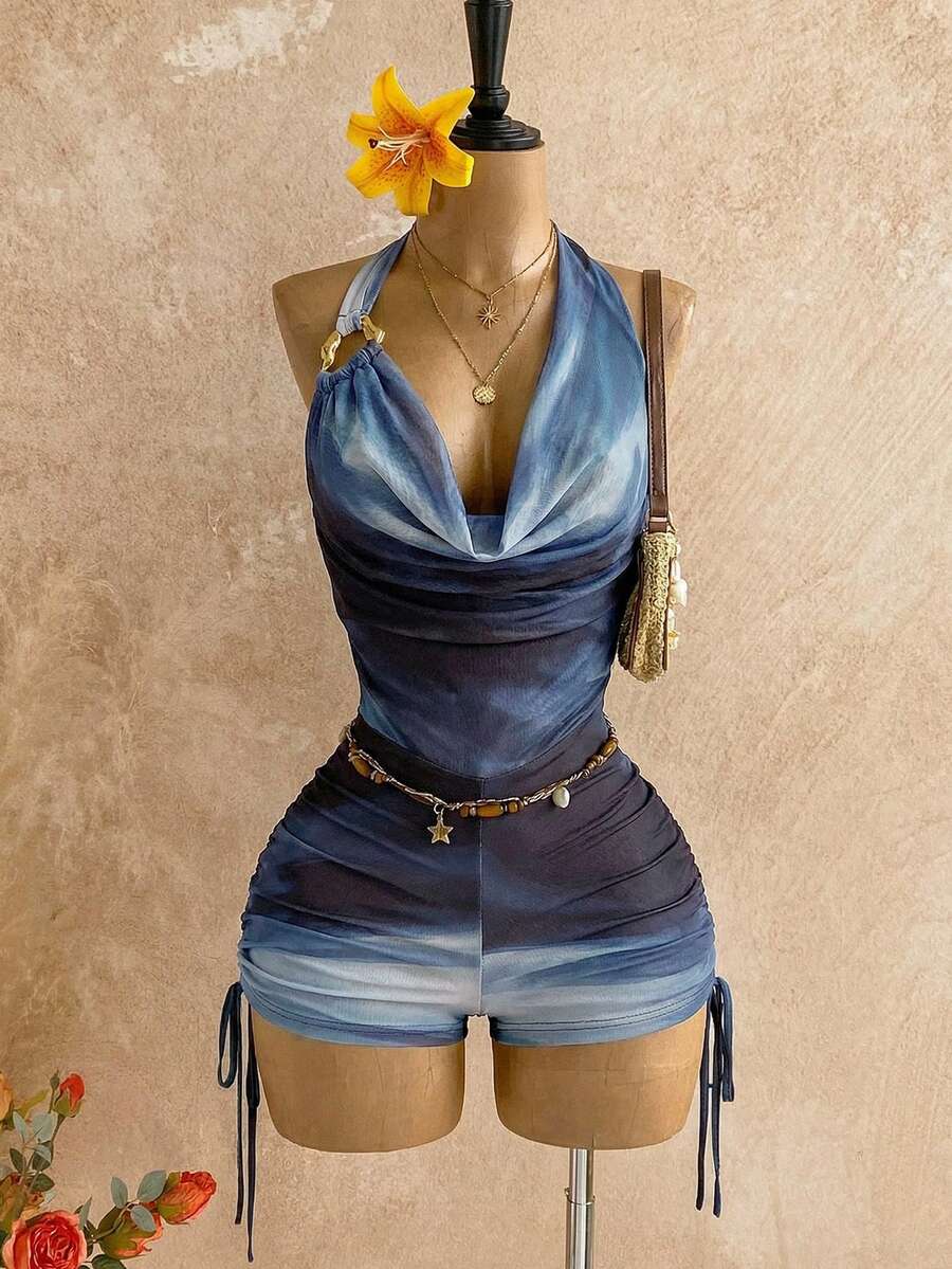 SHEIN WYWH 女士复古渐变印花网纱金属装饰层叠荷叶边深V领连体裤，性感显瘦时尚，适合派对、约会、情人节、狂欢节、复活节、西部牛仔风、邮轮旅行、假日、海滩、音乐节、波西米亚风度假等场合，四季皆宜。 - 藍色 - 查看 1