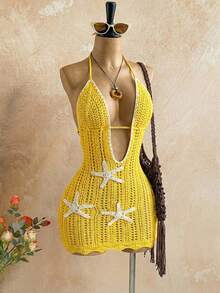 Soleia 女士度假浪漫性感蓝色V领修身海星装饰露背蝴蝶结针织迷你连衣裙，休闲、约会、下午茶、海滩、邮轮、公路旅行、音乐节、派对、波西米亚风、嬉皮风、西部风，可内可外穿，适合所有季节 - 黃色 - 查看 4