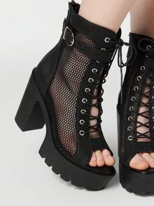 ROMWE Women Heeled Sandals~ 2026 New Fashion Spring And Summer High Heel Thick Heel Peep Toe Cool Boots Hollow Mesh Ankle Boots Buckle Front Lace-Up Jazz Dance High Heels Women's Sandals - Black - View 4