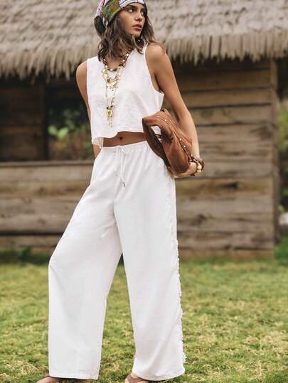 Medorelle 女士白色蕾丝边拼接设计长裤